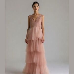 Maniju Sz S Pink Tulle Tiered Lace Eveving Bridesmaid Prom Max Gown Dress